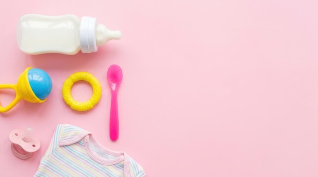 Assorted baby care essentials placed on pink background including feeding bottle rattle toy teether and onesie top.
