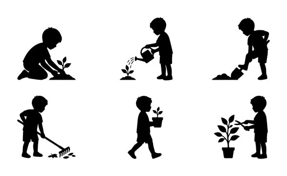 Child Gardening Silhouettes: Planting, Watering, Weeding, Raking, Holding Plant, Pruning