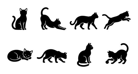 Obraz premium Black Cat Silhouettes: Playful Feline Poses, Elegant Domestic Animals, Vector Icons for Pet Lovers