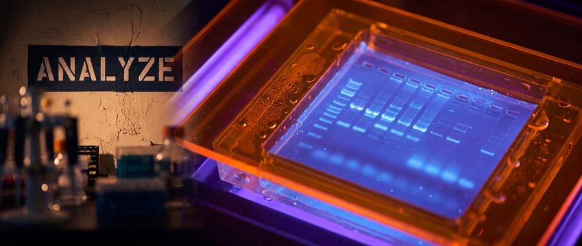 DNA gel electrophoresis laboratory analysis showing glowing ultraviolet bands under orange filter transilluminator in forensics biotechnology research lab with word analyze stenciled on dark wall.