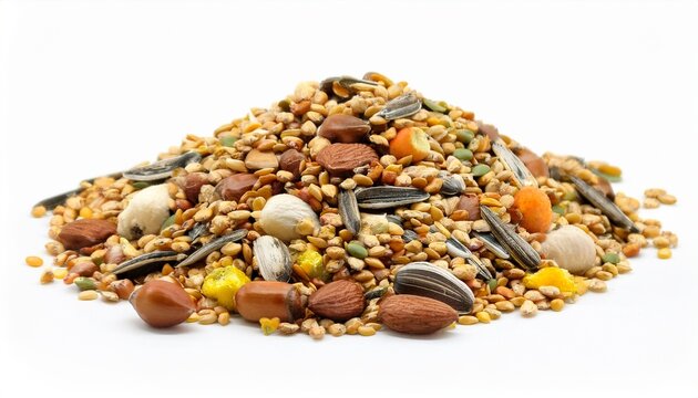 Mixed Bird Seed For Parakeets And Small Birds Isolated On White Background