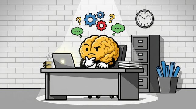 Cartoon brain character thinking with question marks and gears above desk.