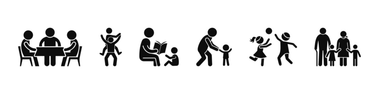 Silhouette icon set of family activities: parents and child at a dinner, a parent reading to a child, an adult holding a child's hand, siblings playing with a ball and more