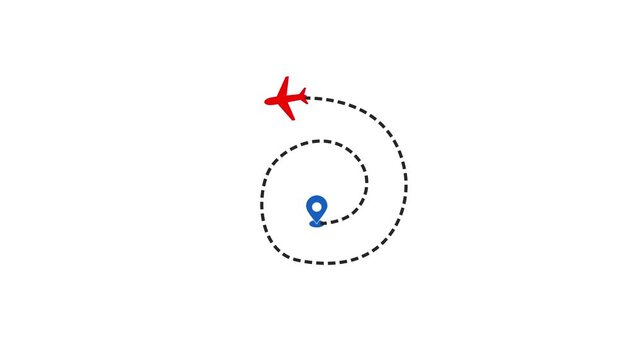 Black dotted Plane route path  animation on white screen background. Perfect for air route, air paths.	