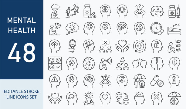 Mental health icon set. Editable line icons. Vector illustration.