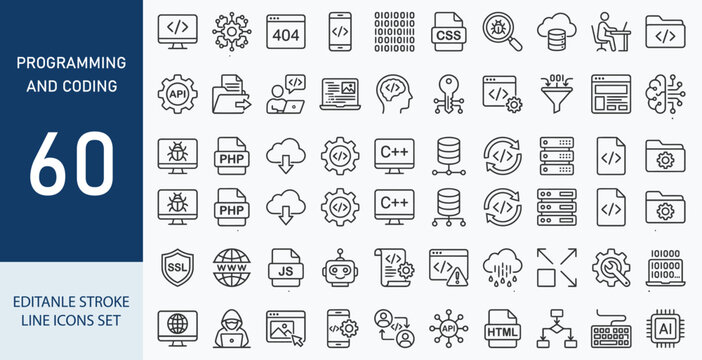 Programming Coding and API icon set. Editable line icons. Vector illustration.