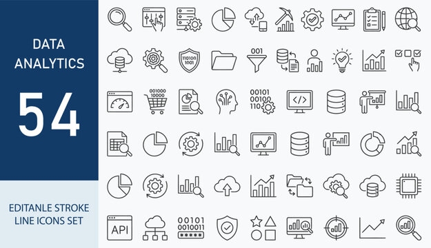 Data analytics icon set. Containing database, statistics, analysis, server, financial, SEO, monitoring, graph, hosting, data mining and more. Editable line icons. Vector illustration.