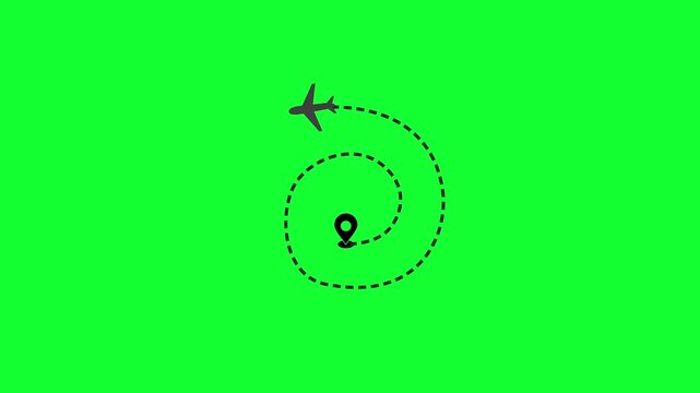 Black dotted Plane route path  animation on green screen background. Perfect for air route, air paths.	