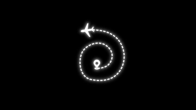 white dotted Plane route path  animation on black screen background. Perfect for air route, air paths.	