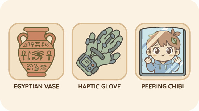 Cute cartoon game icons set featuring an Egyptian vase haptic glove and peering chibi character.