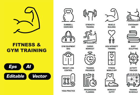 Fitness & Gym Training Icon Set - Workout, Exercise, and Healthy Lifestyle Vector Graphics