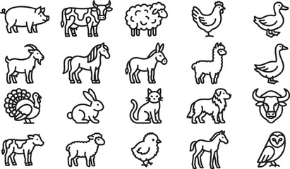 Naklejka premium Set of farm animal icons in black and white line art style