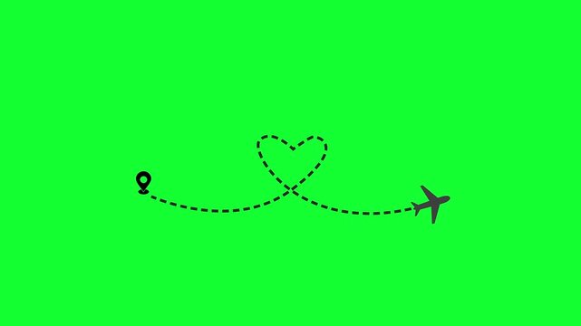 Black dotted Plane route path  animation on green screen background. Perfect for air route, air paths.	