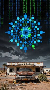 Digital Binary Rain Over Desert Dentistry and Vintage Car