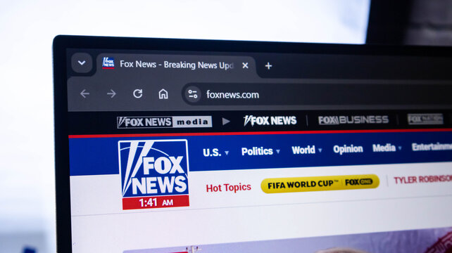 Fox News website on a computer screen. Conservative news channel homepage. Online news browsing