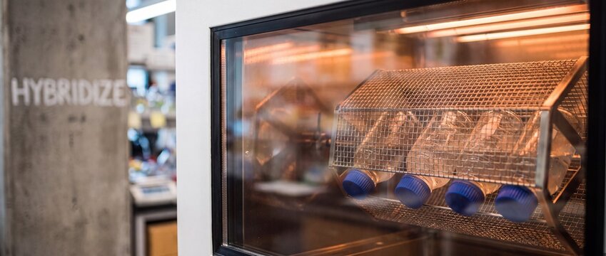 Hybridization oven laboratory incubator rotisserie rotating glass bottles with blue caps inside a science research facility for DNA molecular biology testing and innovative scientific experiments.