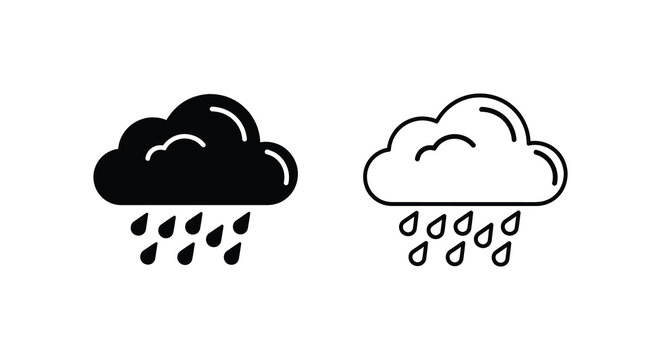 Rain cloud with raindrops black and white line silhouette