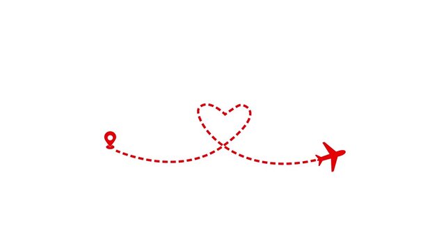 Red dotted Plane route path  animation on white screen background. Perfect for air route, air paths.	