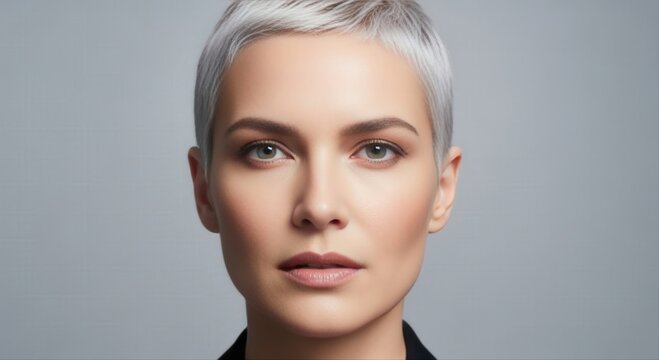 portrait of a woman with a sleek platinum blonde pixie haircut on a solid grey backdrop