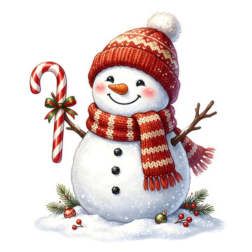 cute smiling snowman wearing a cozy knitted scarf and red winter hat, holding a candy cane, joyful expression, premium Christmas illustration, isolated on pure white background