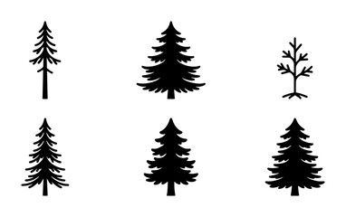 Obraz premium Vector Icons: Six Black Silhouette Pine Trees, Spruce, Fir, Evergreen Forest Elements