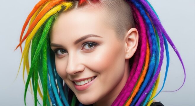 close-up portrait of a smiling woman with a shaved temple and multicolored rainbow dreadlocks