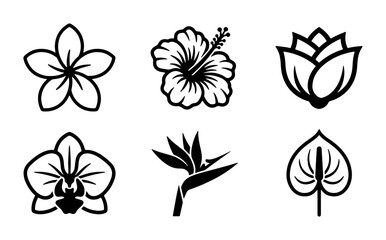 Fototapeta premium Tropical Flower Icons Set, Exotic Floral Vector Graphics, Botanical Line Art Collection, Nature Elements