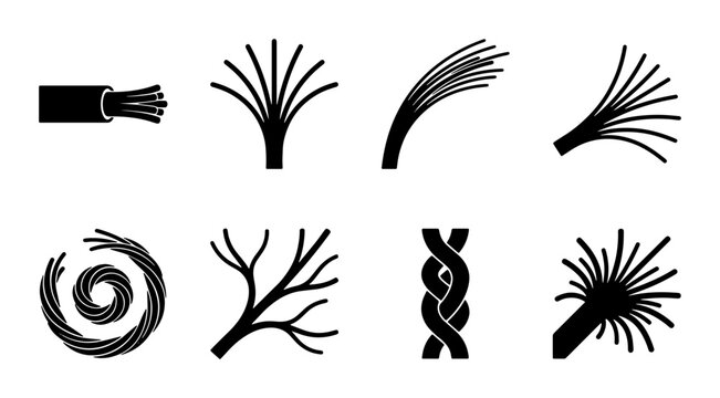Set of 8 Black Wire and Cable Icons, Electrical Cord and Fiber Strands, Technical Connection Symbols
