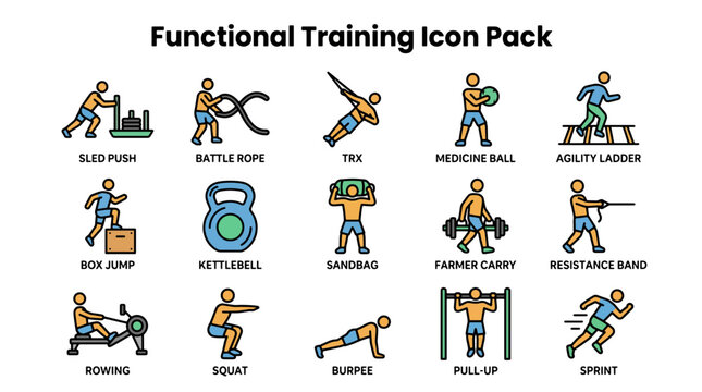 Functional Training Icon Pack with Diverse Exercises and Equipment.