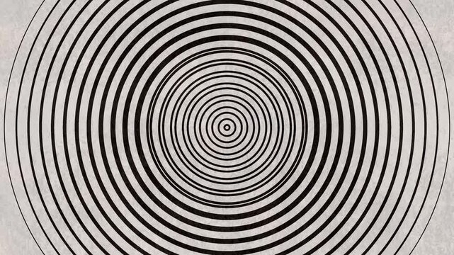 background animation slow motion concentric radiating zooming out distorted deformed circles rings from center to border, hypnotic spiral, psychedelic abstract radio wave. and optical illusion