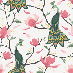 Fototapeta premium Vector seamless pattern of magnolia flowers, branches and peacocks. Romantic elegant background.