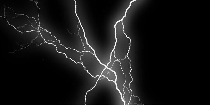 Thunder Stock Image In Black Background. Massive lightning bolt with branches isolated on black background.  mist or smog overlay backgrounds. Lightning Effect Overlay, Isolated Electric Thunderstorm 