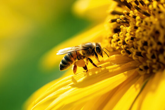 Close-up of honeybee collecting pollen from vibrant yellow flower petals on sunny day