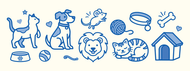 Pet Supplies And Animals A Blue Line Vector Illustration Collection feline © mdsaikat