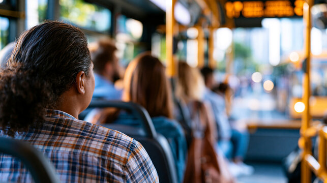 Faceless diverse group of passengers enjoying an urban bus commute in daylight, city transit lifestyle, defocused bus interior and city in background, diverse bus commute concept