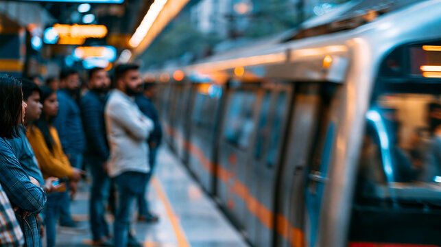 Delhi metro station with people waiting on platform timelapse, busy Indian commuter railway lifestyle, defocused platform in background, metro platform timelapse concept
