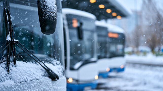 Buses covered in snow on a cold winter day, transportation during winter weather concept, defocused snowy environment in background, snow-covered bus winter concept photography,