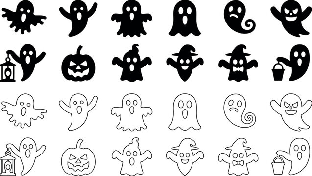 Assorted halloween ghost icon set in silhouette and outline style with halloween
