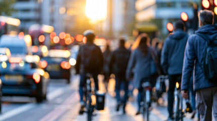 Fototapeta premium Faceless people walking on a busy urban road in London, street cycling and public transport during a morning commute, motion blur atmosphere, defocused busy city traffic in