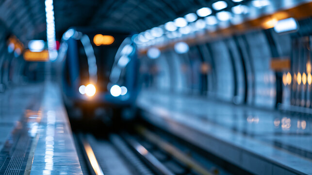 Subway train arriving at a deserted station in a modern underground tunnel, atmospheric urban transit concept, defocused tunnel in background, empty station subway arrival concept