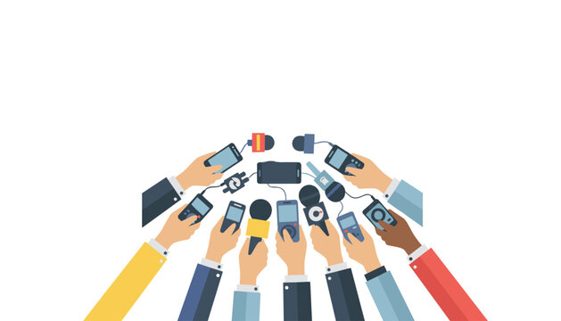 Many hands hold various microphones and recording devices together in a collaborative media interview setup.