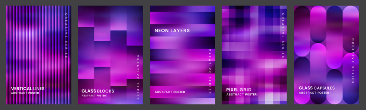 Abstract Poster Design Set. Vibrant purple gradients with pixel grids, glowing stripes and glass morphism capsules for creative background design.