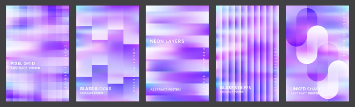 Lavender Abstract Background Design Set. Pixel grid patterns, ribbed glass textures and glass capsule elements for modern poster design.