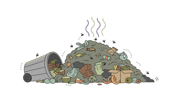 Overflowing trash bin creating a large pile of smelly waste attracting flies and pests on the ground.