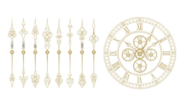 Antique wall clock face with intricate ornate hands and roman numerals alongside a collection of vintage pointers.