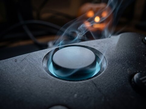 Overheated gaming controller with smoke rising from analog stick, broken video game console hardware concept, burnt electronic joystick with glowing blue light and pumpkin