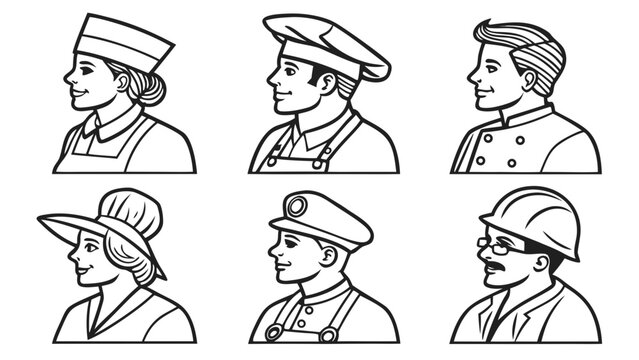 Six people wearing different hats and uniforms are illustrated.