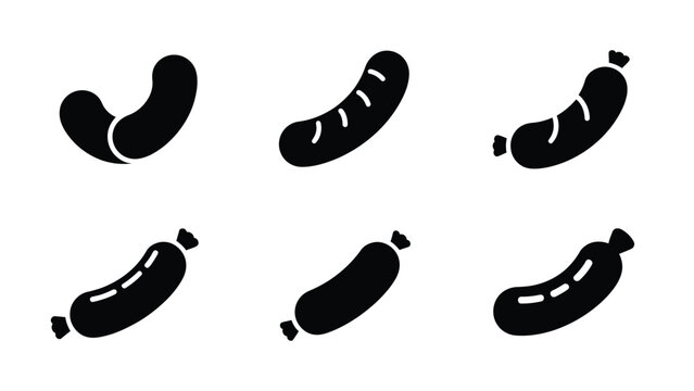 Minimalist sausage icons set with six variations including curved ends, grill marks, and tied edges, representing food, meat products, barbecue, and culinary design in modern graphics 