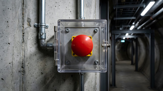 Modern electronic door access card reader on a grey brick wall in an industrial hallway