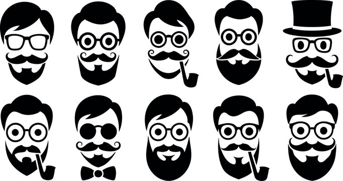 Set of hipster male face icons with various glasses and facial hair styles